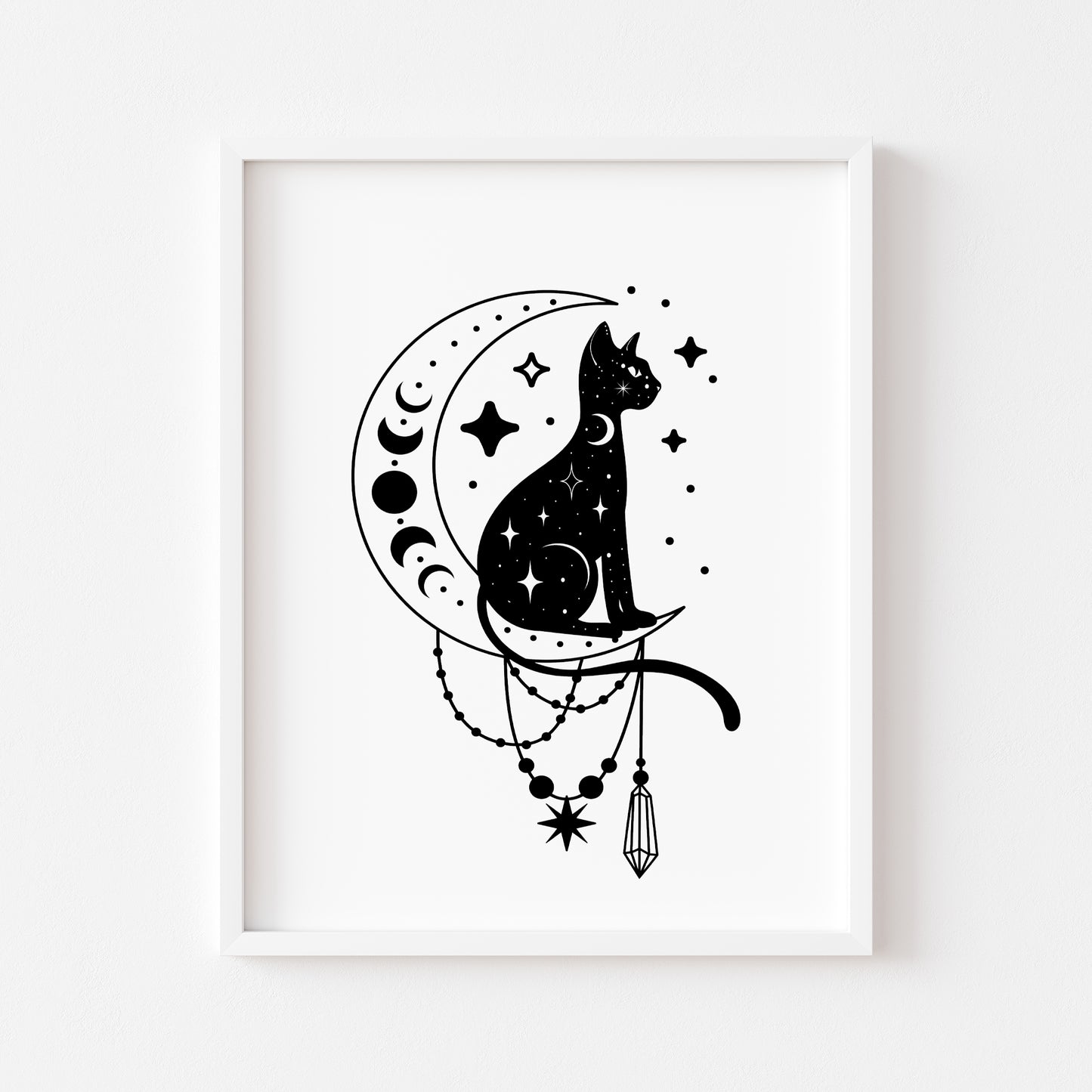 Halloween celestial cat moon phase crystal magical monochrome illustration unframed wall art poster print