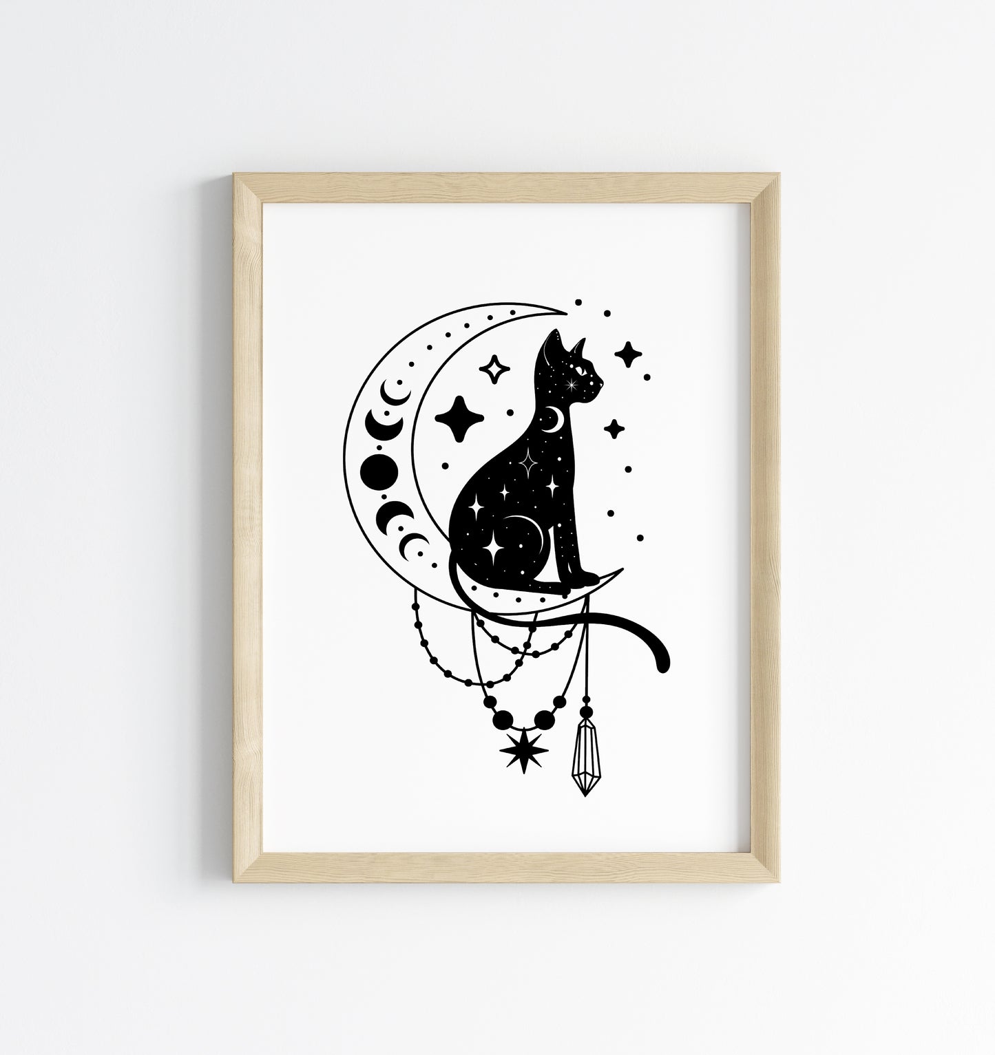 Halloween celestial cat moon phase crystal magical monochrome illustration unframed wall art poster print