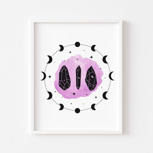 Bedroom print, moon phases crystals celestial style plain pink or purple bedroom unframed wall art poster print