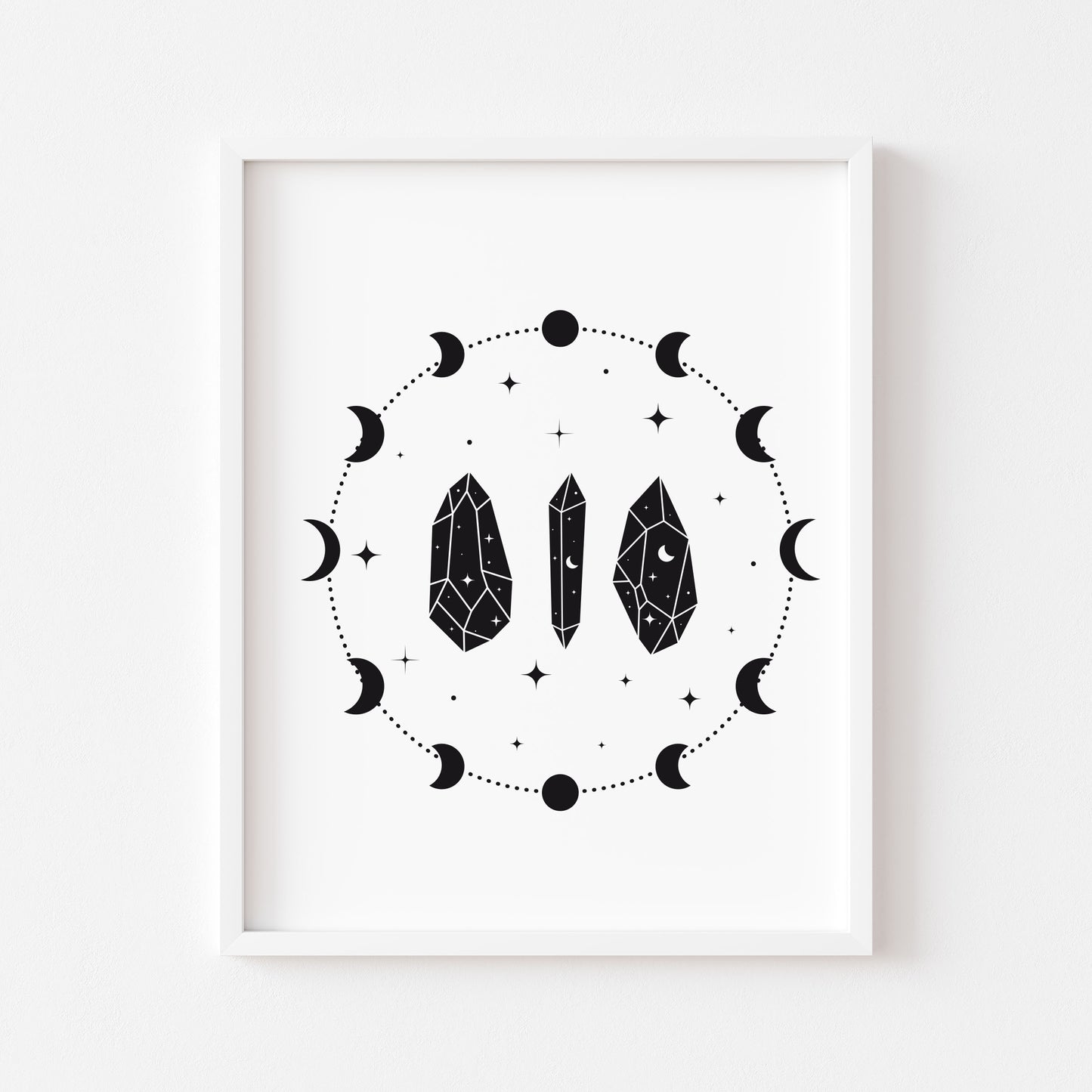 Bedroom print, moon phases crystals celestial style plain pink or purple bedroom unframed wall art poster print