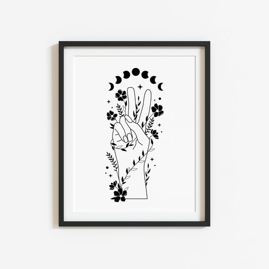 Celestial style hand peace sign doodle flowers + moon phases, office unframed wall art poster print