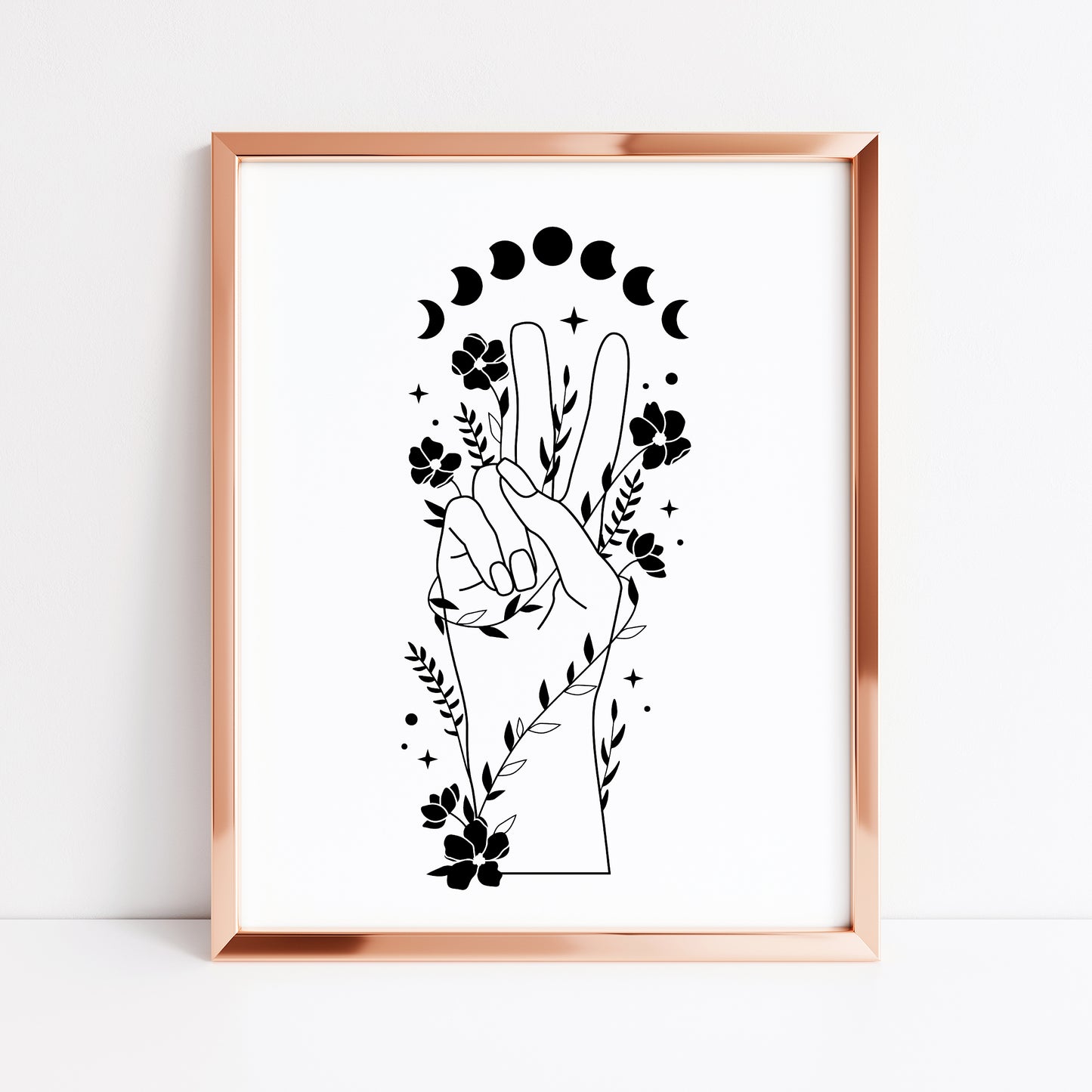 Bedroom print, Peace sign floral celestial moon phase bedroom unframed wall art poster print