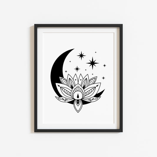 Bedroom print, Lotus flower celestial moon phase bedroom unframed wall art poster print