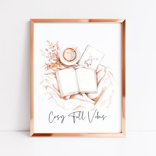 Cosy Fall vibes neutral beige autumn cosy seasonal book & coffee seasonal unframed wall art poster print