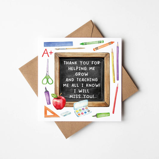 Thank you card, bright fun school poem thank you so much, miss you, teacher school nursery mentor assistant friend card with brown envelope