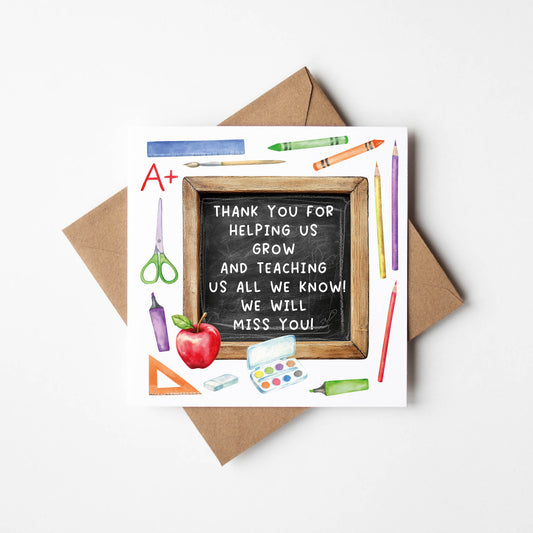 Thank you card, bright fun school poem thank you so much, miss you, teacher school nursery mentor assistant friend card with brown envelope