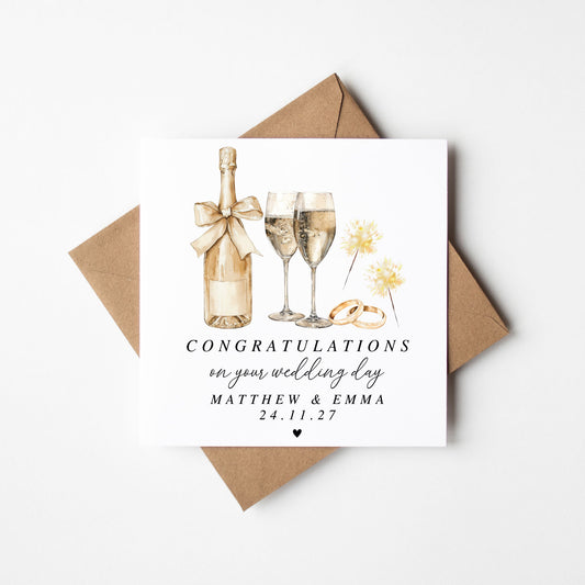 Wedding Card, congratulations champagne, rings & sparklers elegant card with Kraft Envelope