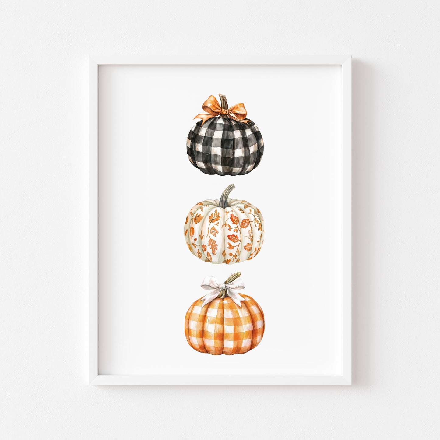 Watercolour Pumpkin Print Trio of chequered bow patterned pumpkins Autumn Decor wall art (unframed)