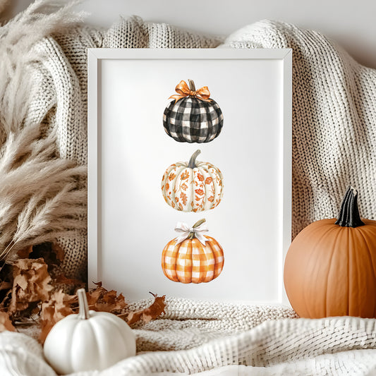 Watercolour Pumpkin Print Trio of chequered bow patterned pumpkins Autumn Decor wall art (unframed)
