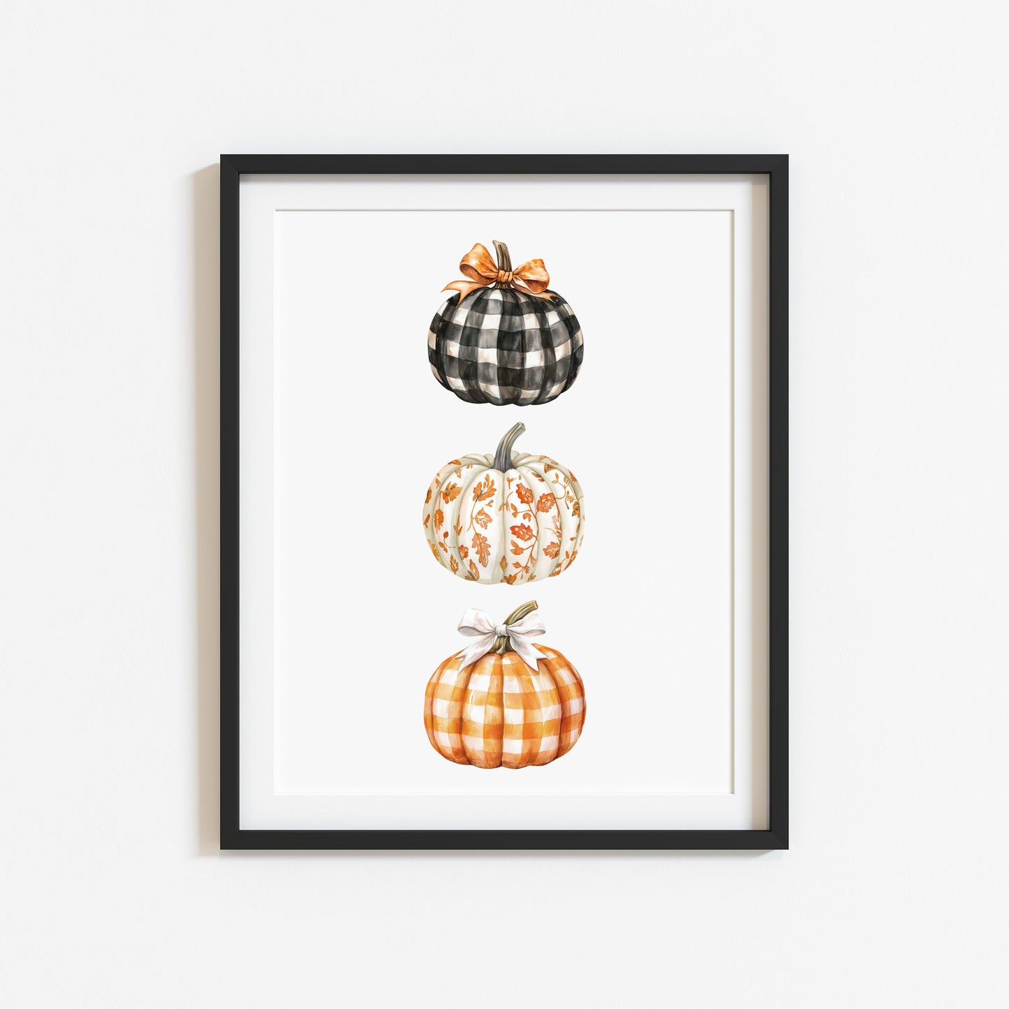 Watercolour Pumpkin Print Trio of chequered bow patterned pumpkins Autumn Decor wall art (unframed)