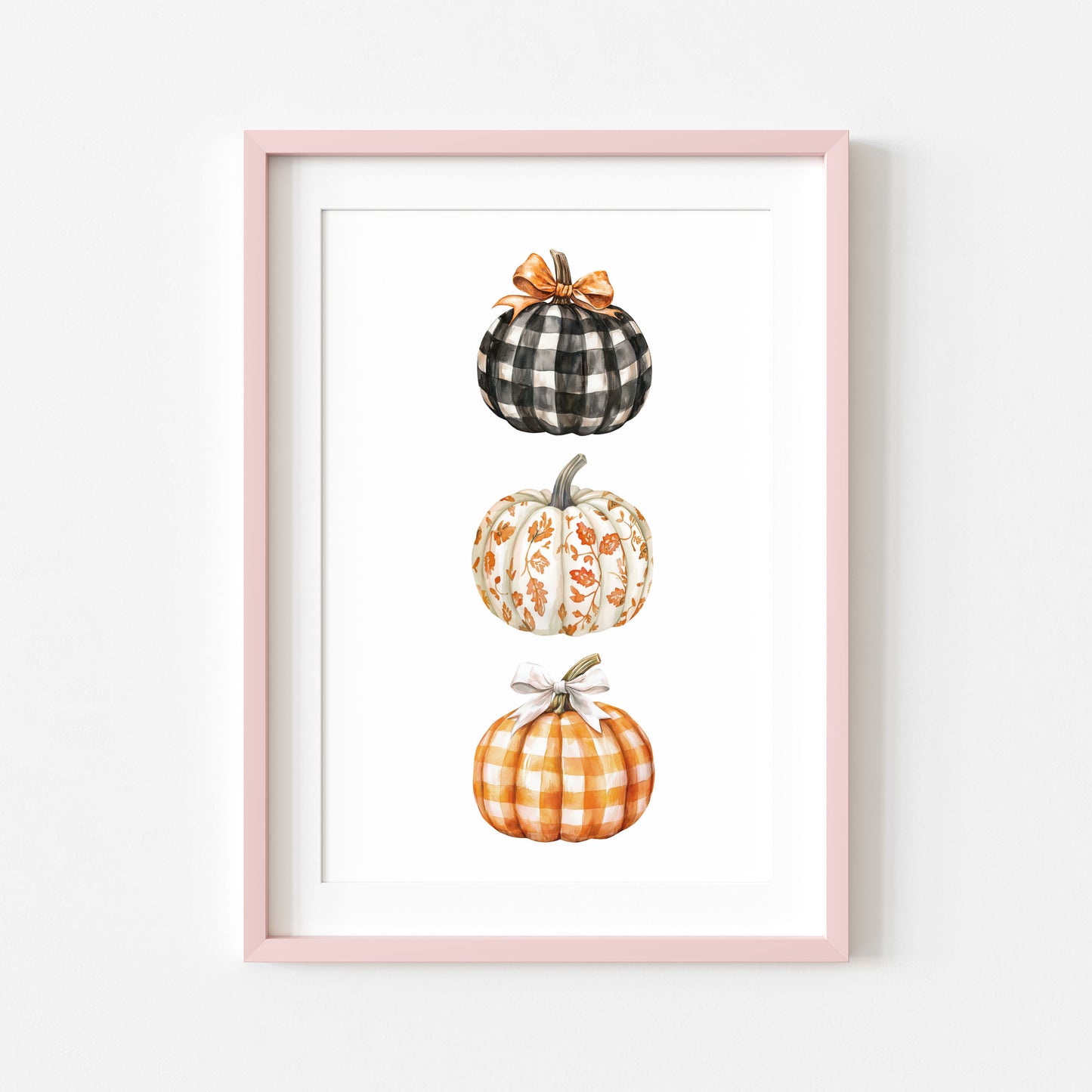 Watercolour Pumpkin Print Trio of chequered bow patterned pumpkins Autumn Decor wall art (unframed)