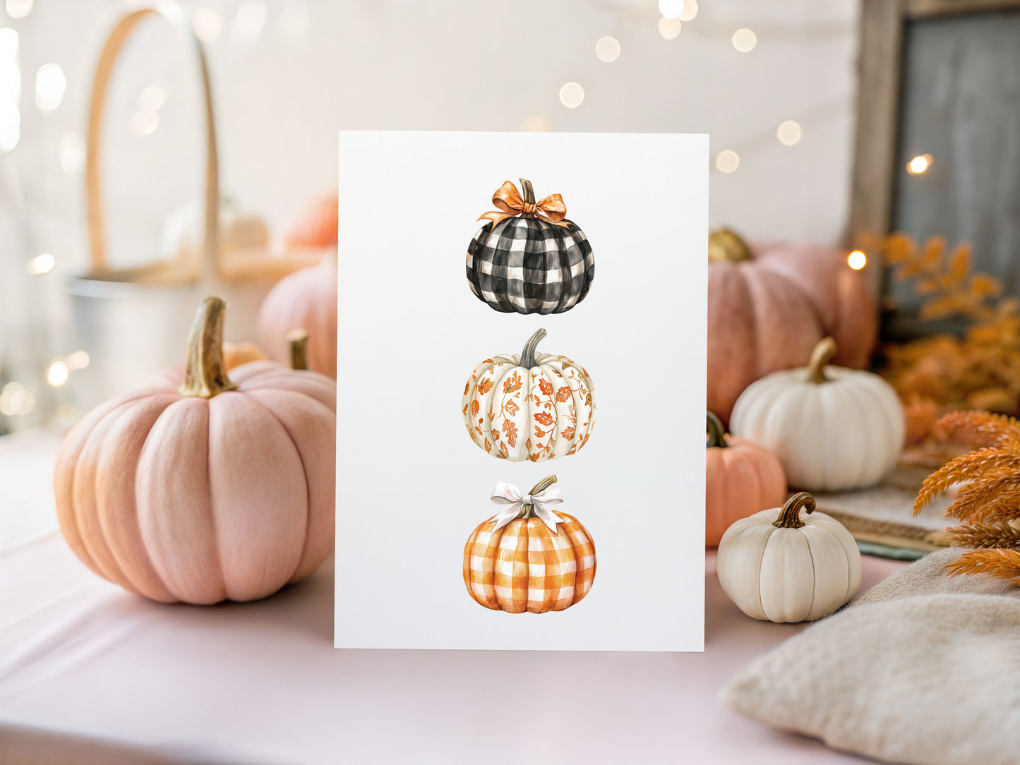 Watercolour Pumpkin Print Trio of chequered bow patterned pumpkins Autumn Decor wall art (unframed)