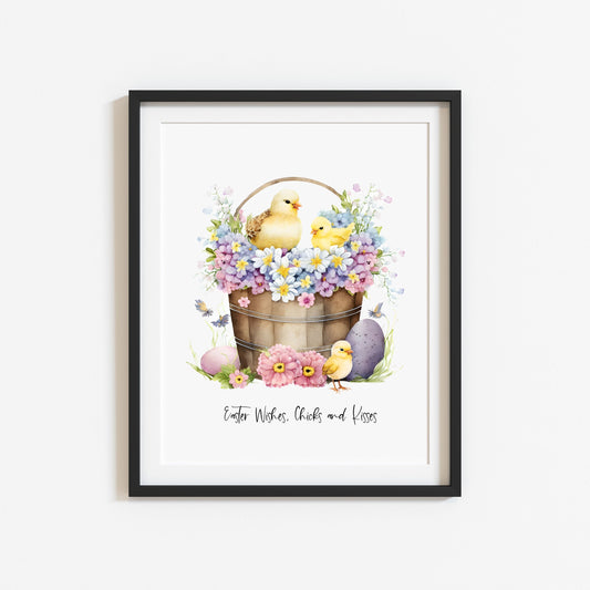 Easter wishes Chicks and kisses floral seasonal spring watercolour unframed wall art poster print