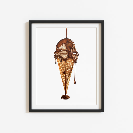 Ice cream chocolate cone watercolour chocolate kitchen seasonal unframed wall art poster print, seasonal decor, icecream gift, icecream lover
