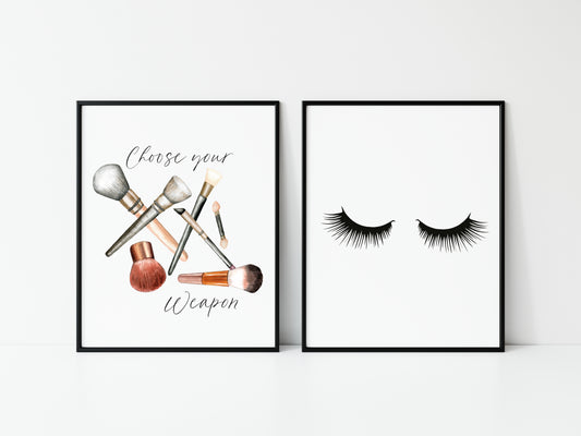 Set of 2 bedroom bathroom prints, Choose your weapon make up brushes, black eyelashes unframed wall art poster prints