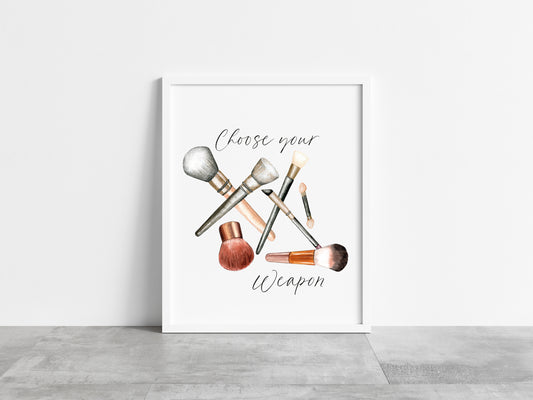 Bedroom make up print, choose your weapon make up brushes watercolour make up drawing girls bedroom bathroom unframed wall art poster print