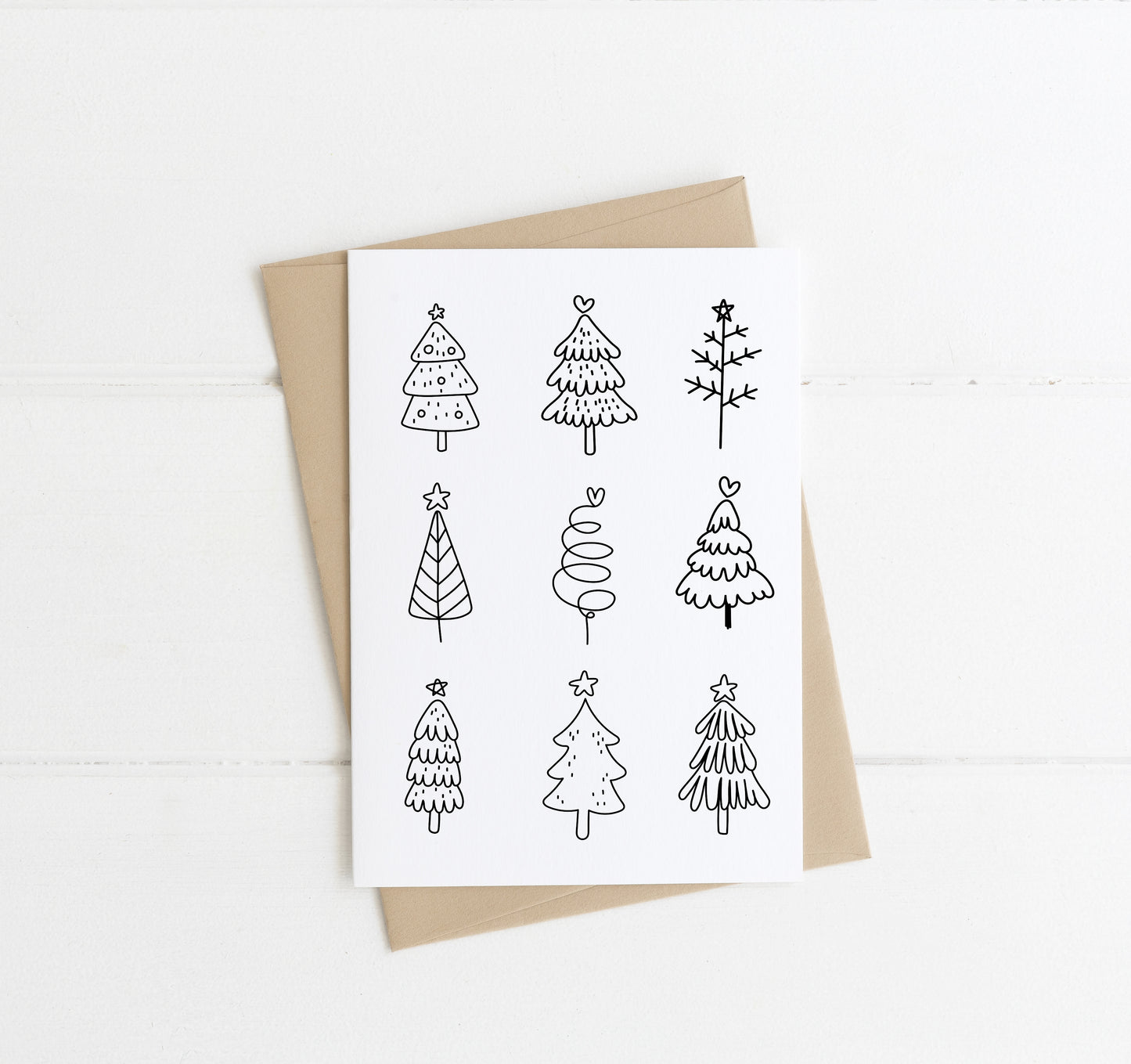 Christmas card, Monochrome Christmas Tree doodles hearts & stars xmas tree drawings cute xmas seasonal card, envelope,kraft brown or white