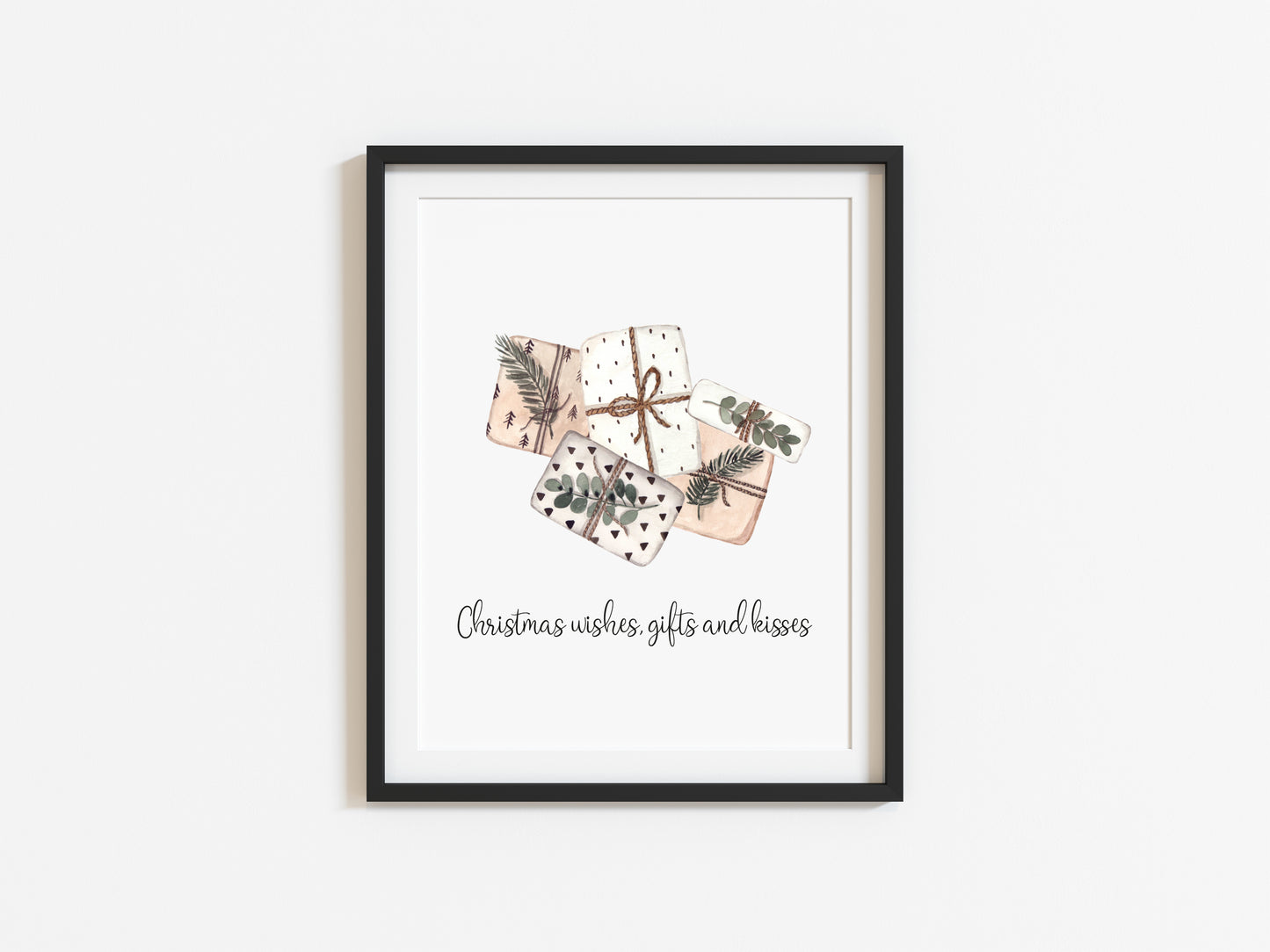 Christmas wishes, gifts and kisses watercolour boho presents xmas seasonal unframed wall art poster print