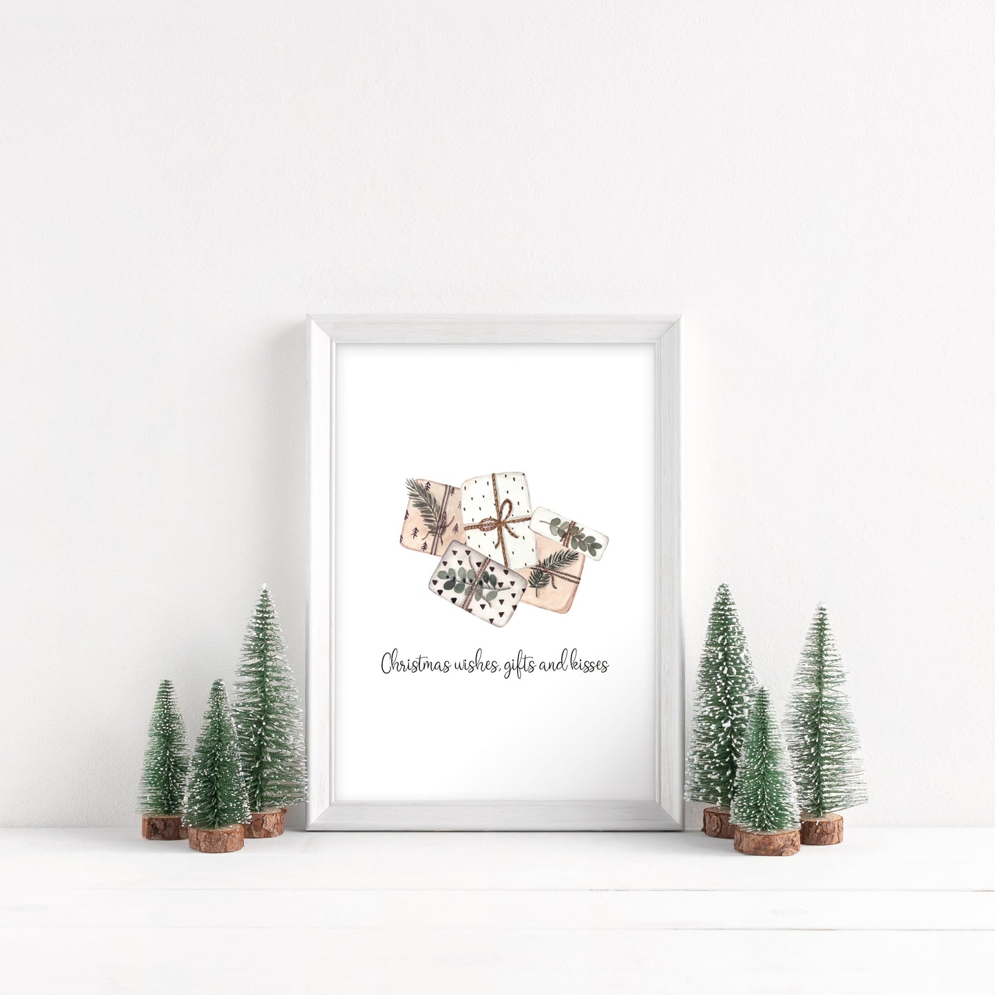 Christmas wishes, gifts and kisses watercolour boho presents xmas seasonal unframed wall art poster print