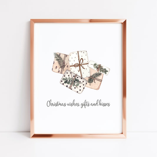 Christmas wishes, gifts and kisses watercolour boho presents xmas seasonal unframed wall art poster print