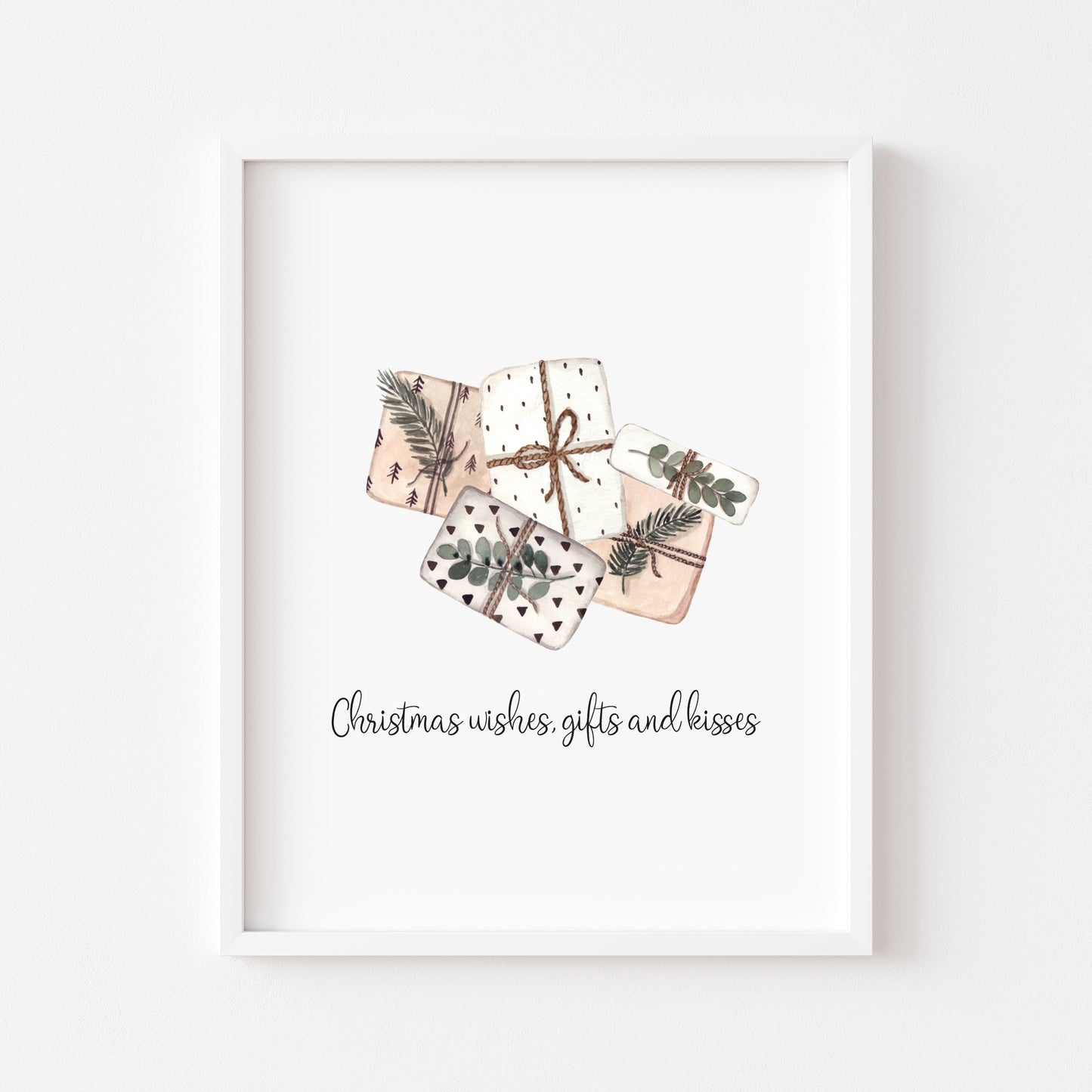 Christmas wishes, gifts and kisses watercolour boho presents xmas seasonal unframed wall art poster print