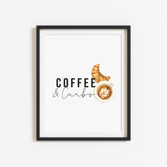 Coffee and carbs, watercolour coffee croissant illustration kitchen office unframed wall art poster print
