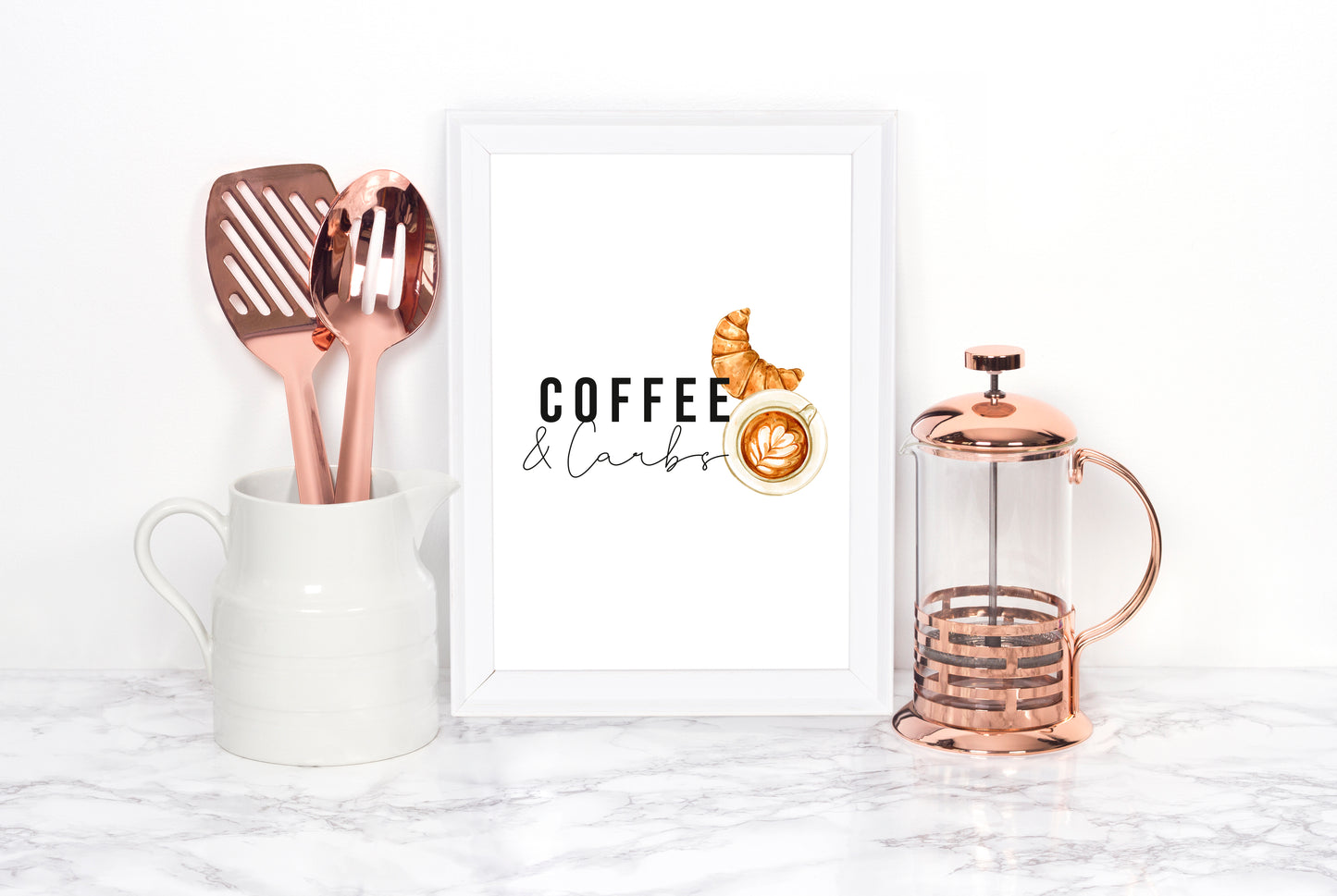 Coffee and carbs, watercolour coffee croissant illustration kitchen office unframed wall art poster print
