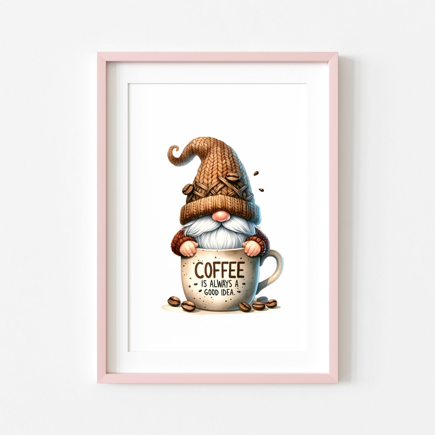 Coffee Print Watercolour Gonk gnome scene Kitchen Wall Art (unframed)