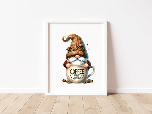 Coffee Print Watercolour Gonk gnome scene Kitchen Wall Art (unframed)