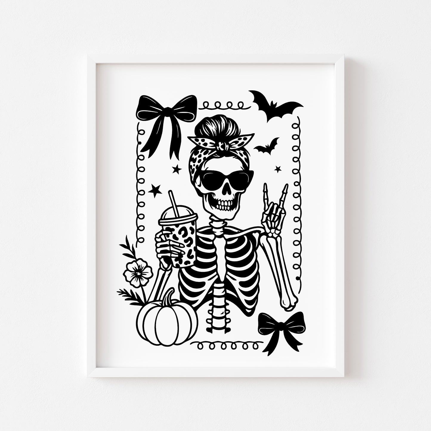 Halloween prints, spooky monochrome black & white ghost skeleton coffee book reading seasonal halloween unframed wall art poster prints