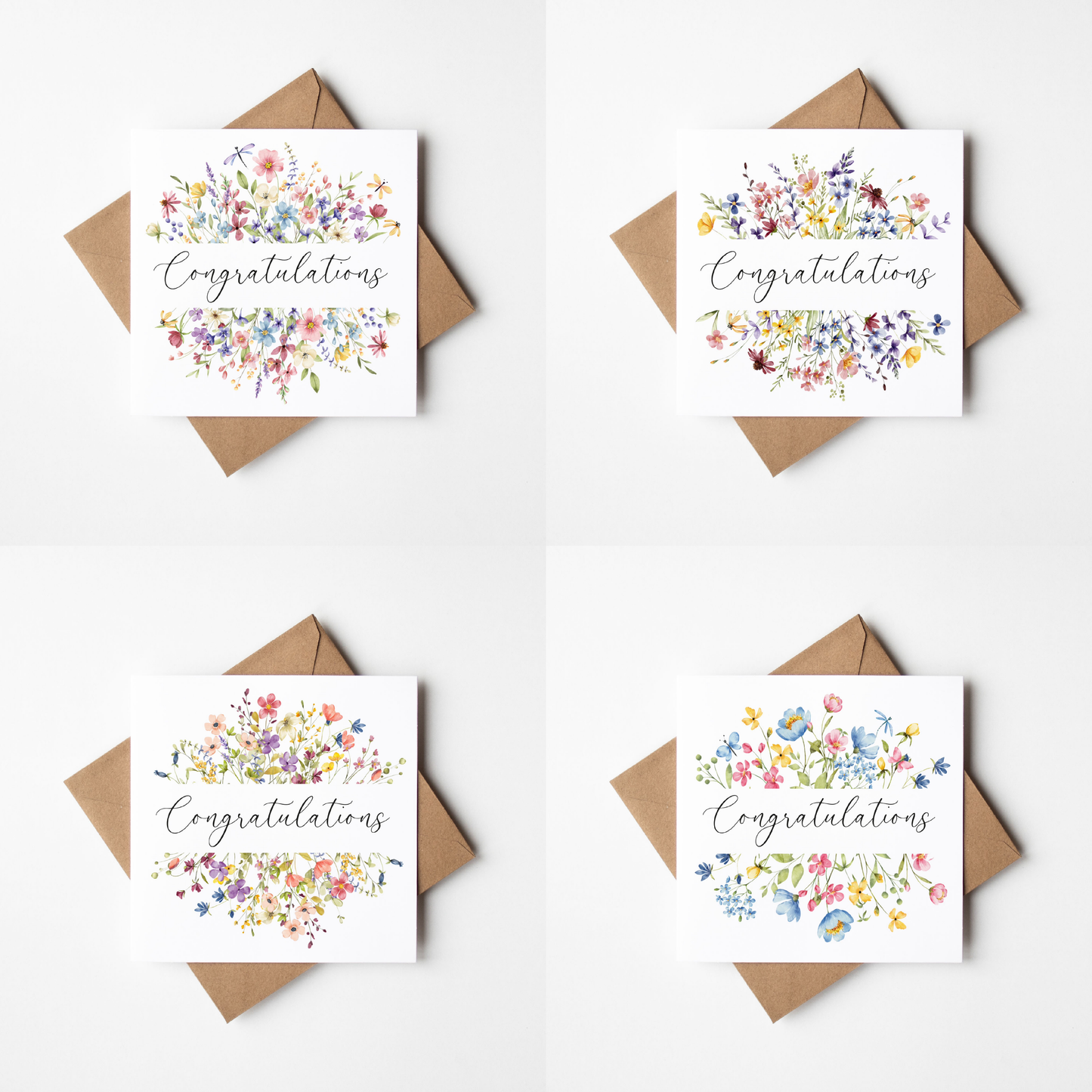 Floral Congratulations Cards Pack of 4 – Wildflower Greeting Card Set with envelopes