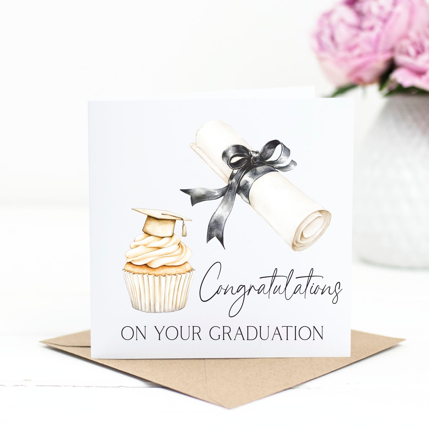 Graduation card congratulations on your graduation cupcake hat black bow certificate graduation card congrats grad card with envelope
