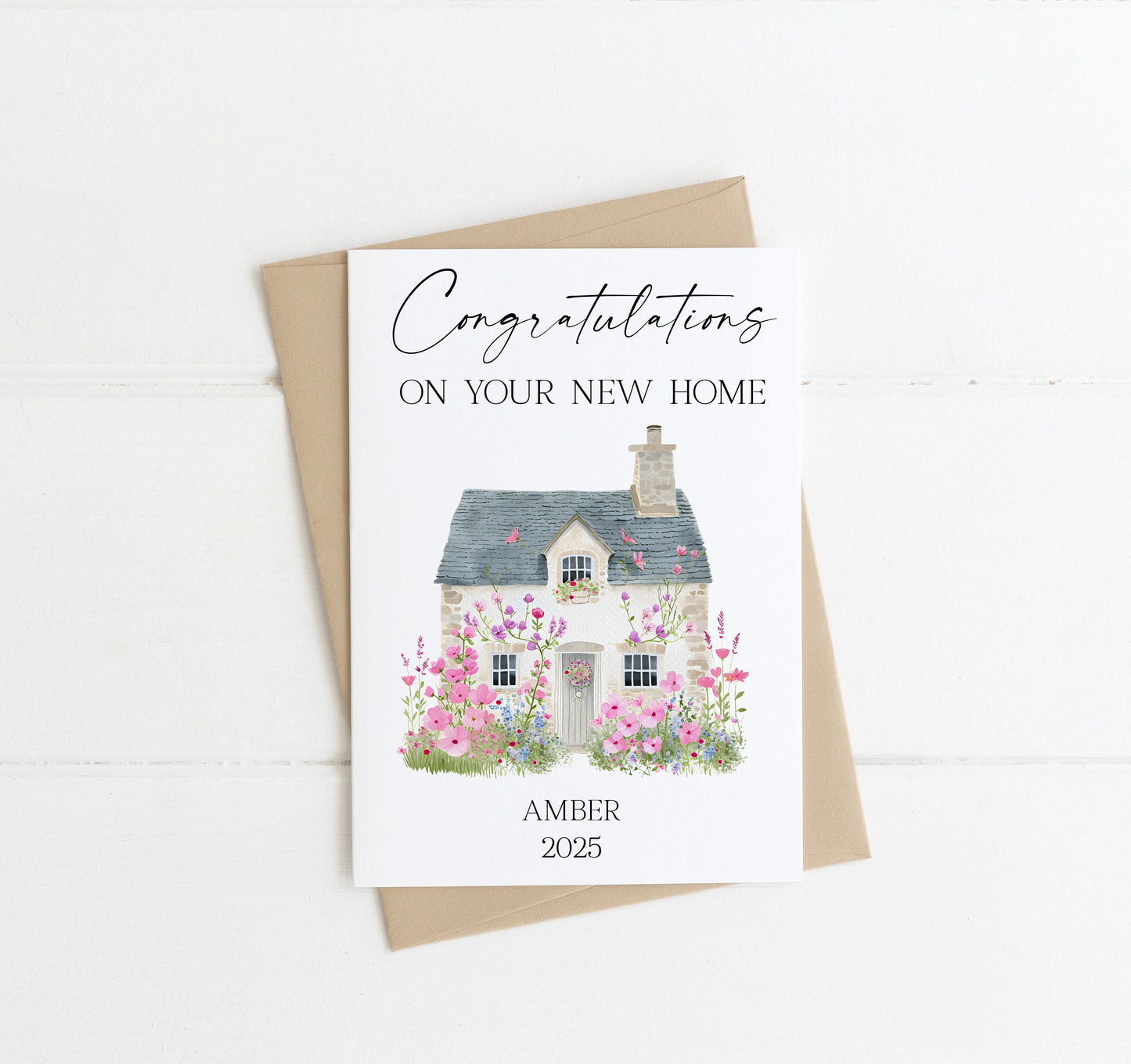 Congratulations on your new home card watercolour home pink floral cottage personalised with names & date, envelope,kraft brown or white