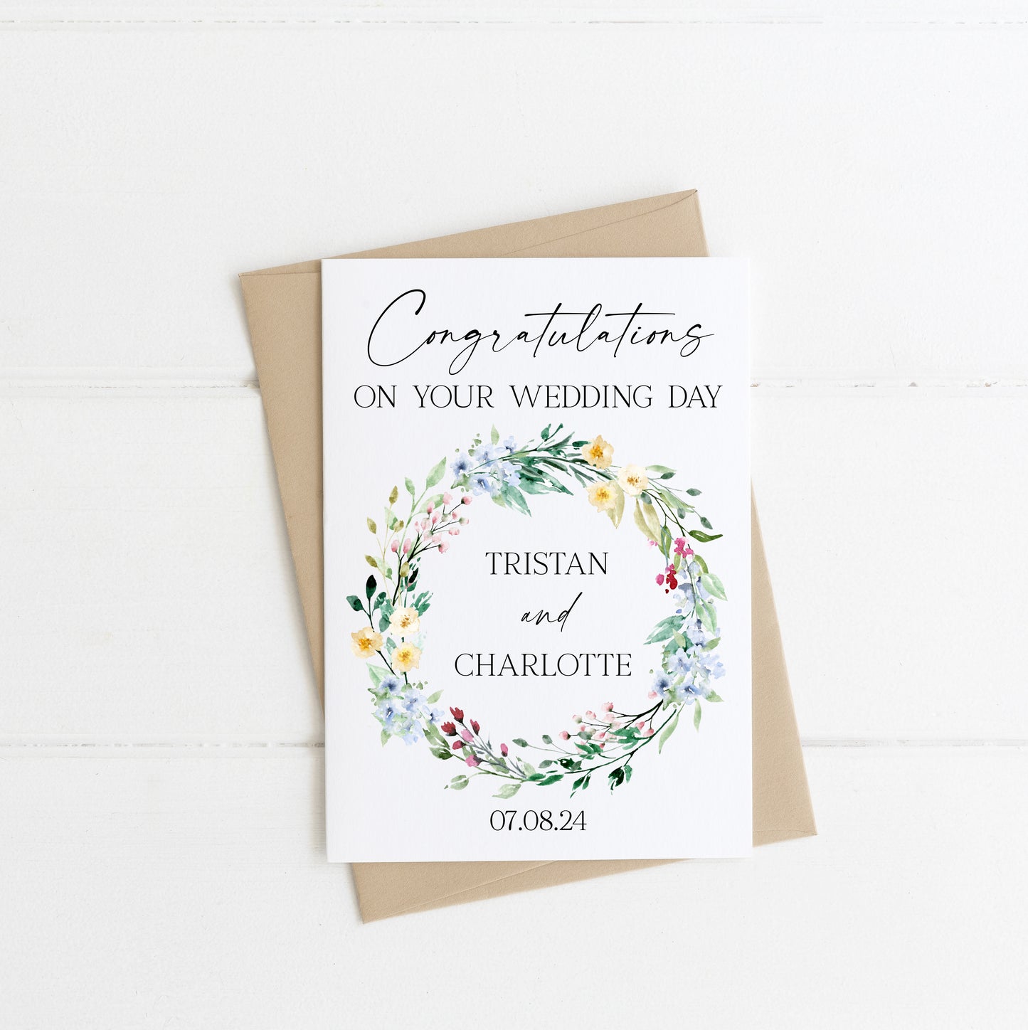 Congratulations on your wedding day card, watercolour cute floral wreath personalised with names & date, envelope,kraft brown or white