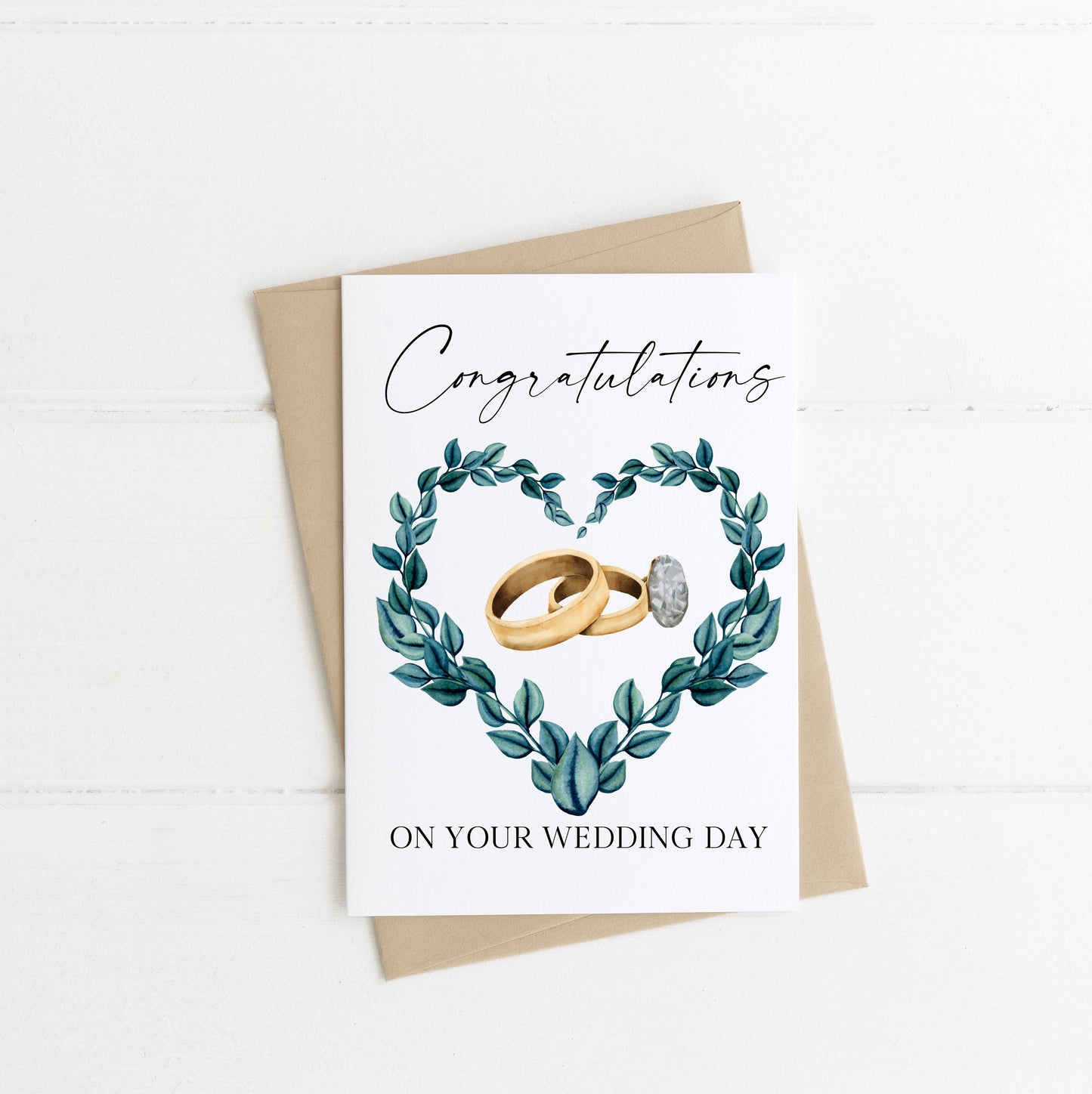 Congratulations on your wedding day card, watercolour cute heart floral green wreath & wedding rings card envelope,kraft brown or white