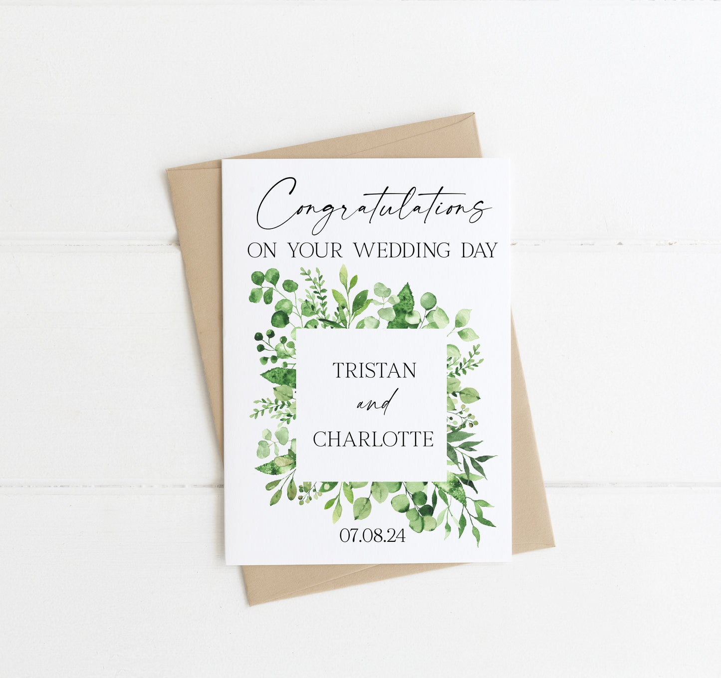 Congratulations on your wedding day card, watercolour cute floral wreath personalised with names & date, envelope,kraft brown or white