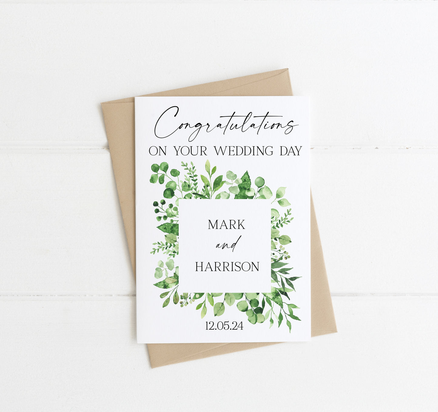 Congratulations on your wedding day card, watercolour cute floral wreath personalised with names & date, envelope,kraft brown or white
