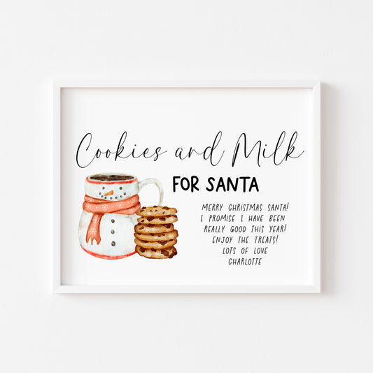 Personalised Cookies & Milk for Santa, Christmas Eve treat sign for kids the night before Christmas unframed wall art poster print, xmas art