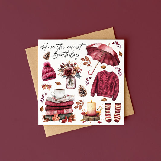 Autumn Birthday Card Pumpkin, Acorns, Tea Burgundy Cosy Fall Theme card with envelope