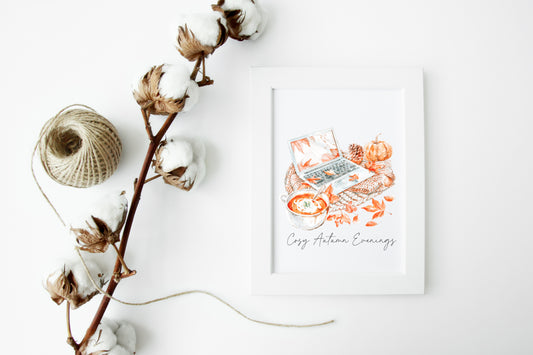Cosy Autumn evenings throw laptop series soup warm cosy autumn seasonal unframed wall art poster print