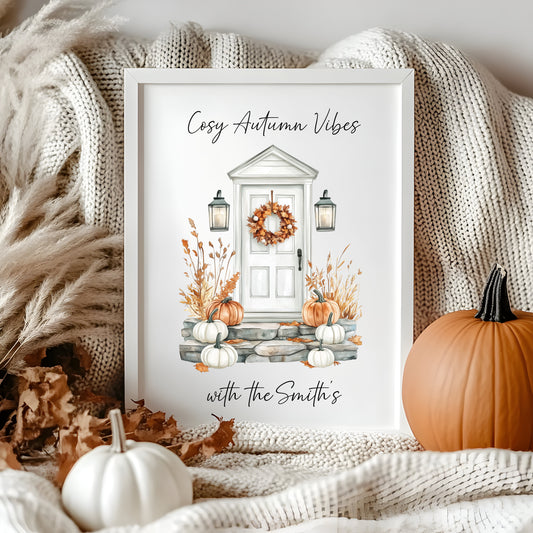 Autumn print, Cosy Autumn vibes with personalised family name Autumn unframed wall art poster print, autumn decor autumn home front door art