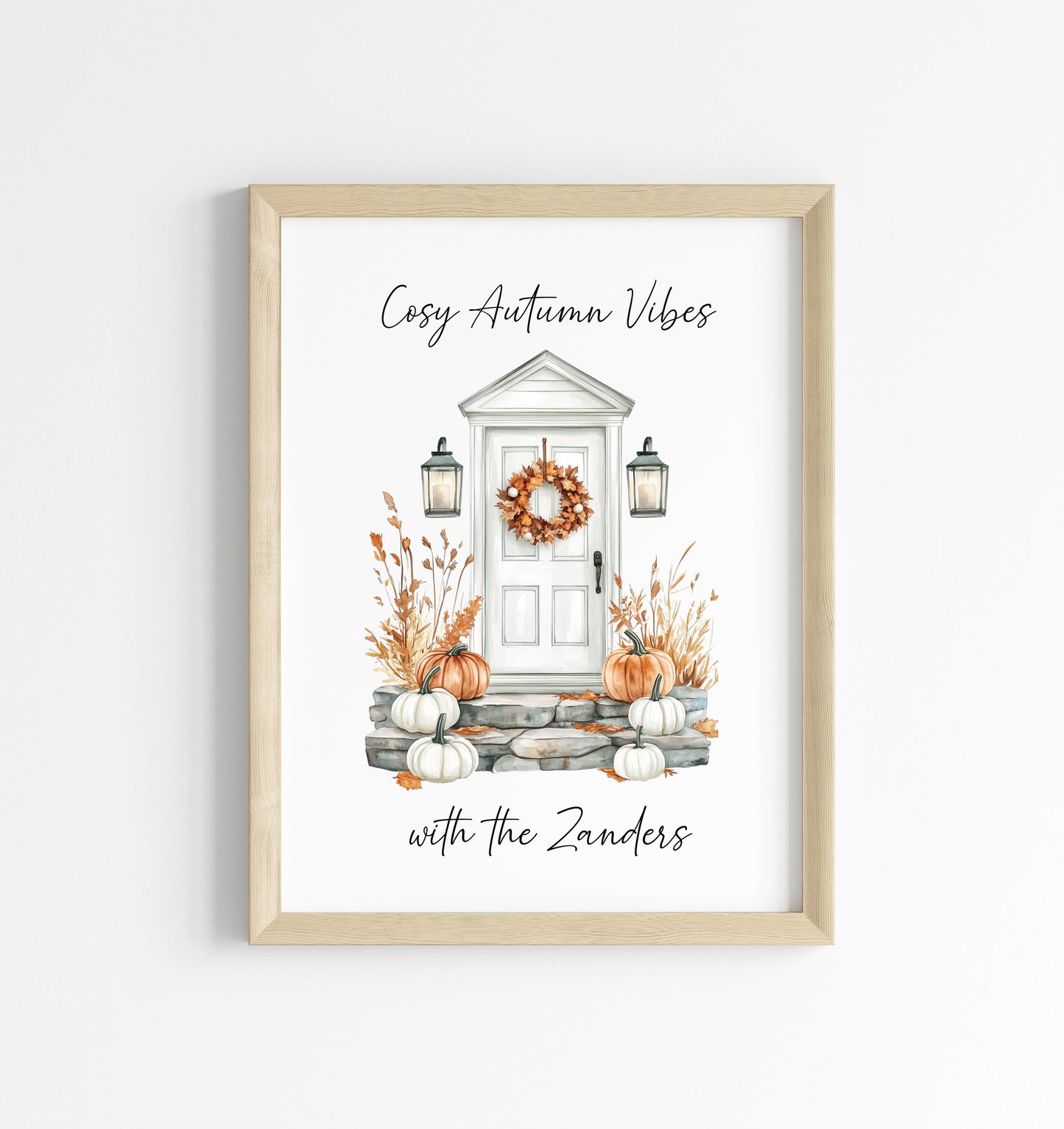 Autumn print, Cosy Autumn vibes with personalised family name Autumn unframed wall art poster print, autumn decor autumn home front door art