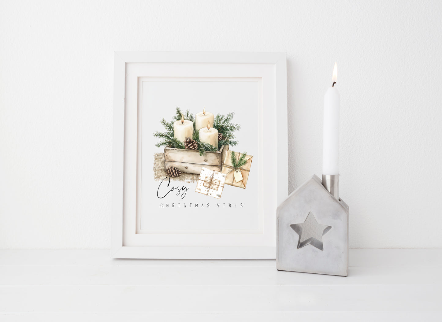 Cosy Christmas vibes winter foliage candles & xmas presents gifts winter unframed wall art poster print