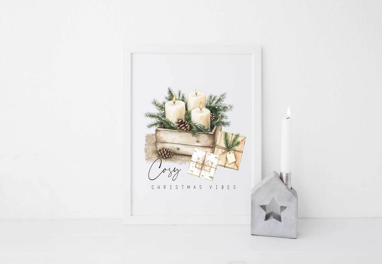 Cosy Christmas vibes winter foliage candles & xmas presents gifts winter unframed wall art poster print