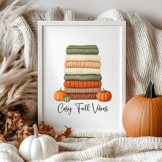 Autumn print, Cosy Fall vibes green orange jumpers books & Pumpkins unframed wall art poster