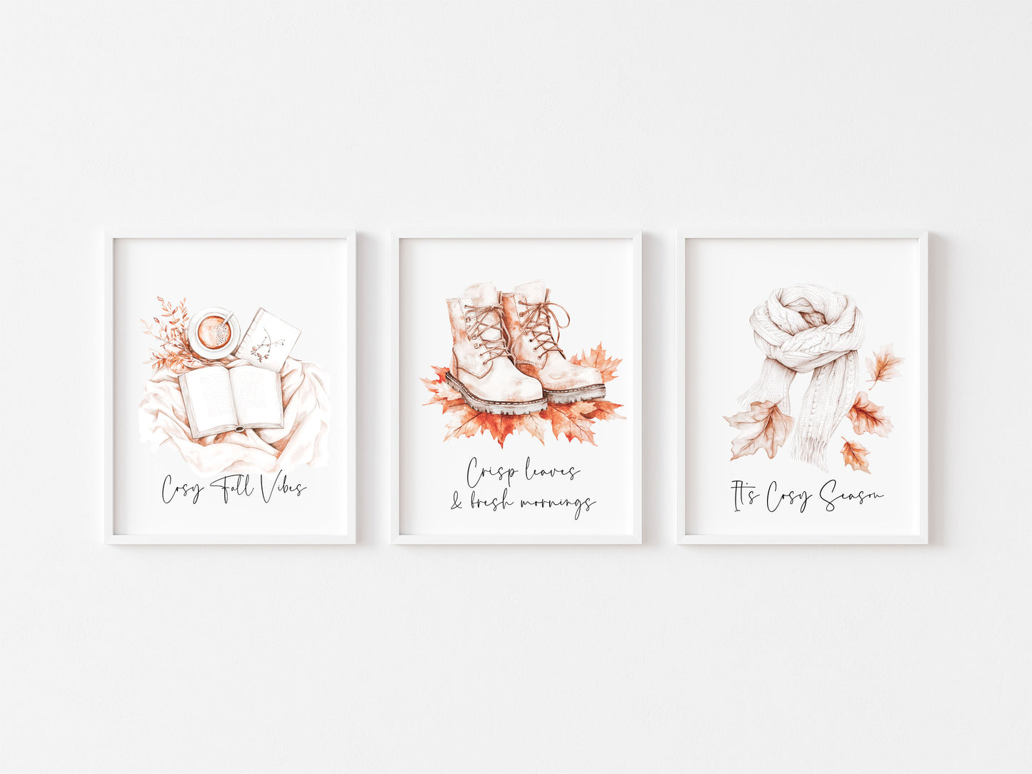 Set of 3 Autumn prints, neutral beige cosy fall vibes, autumn leaves unframed wall art poster prints