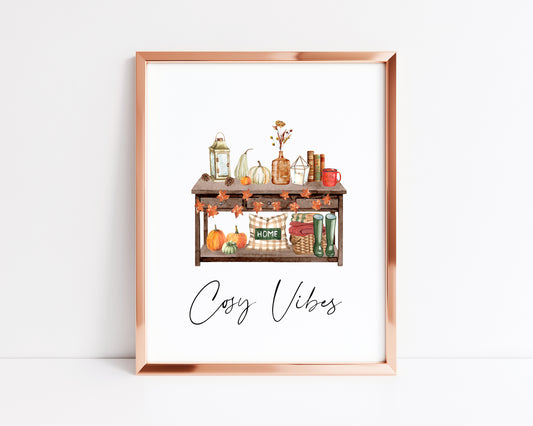 Cosy Vibes, home scene autumn watercolour seasonal fall hallway unframed wall art poster print