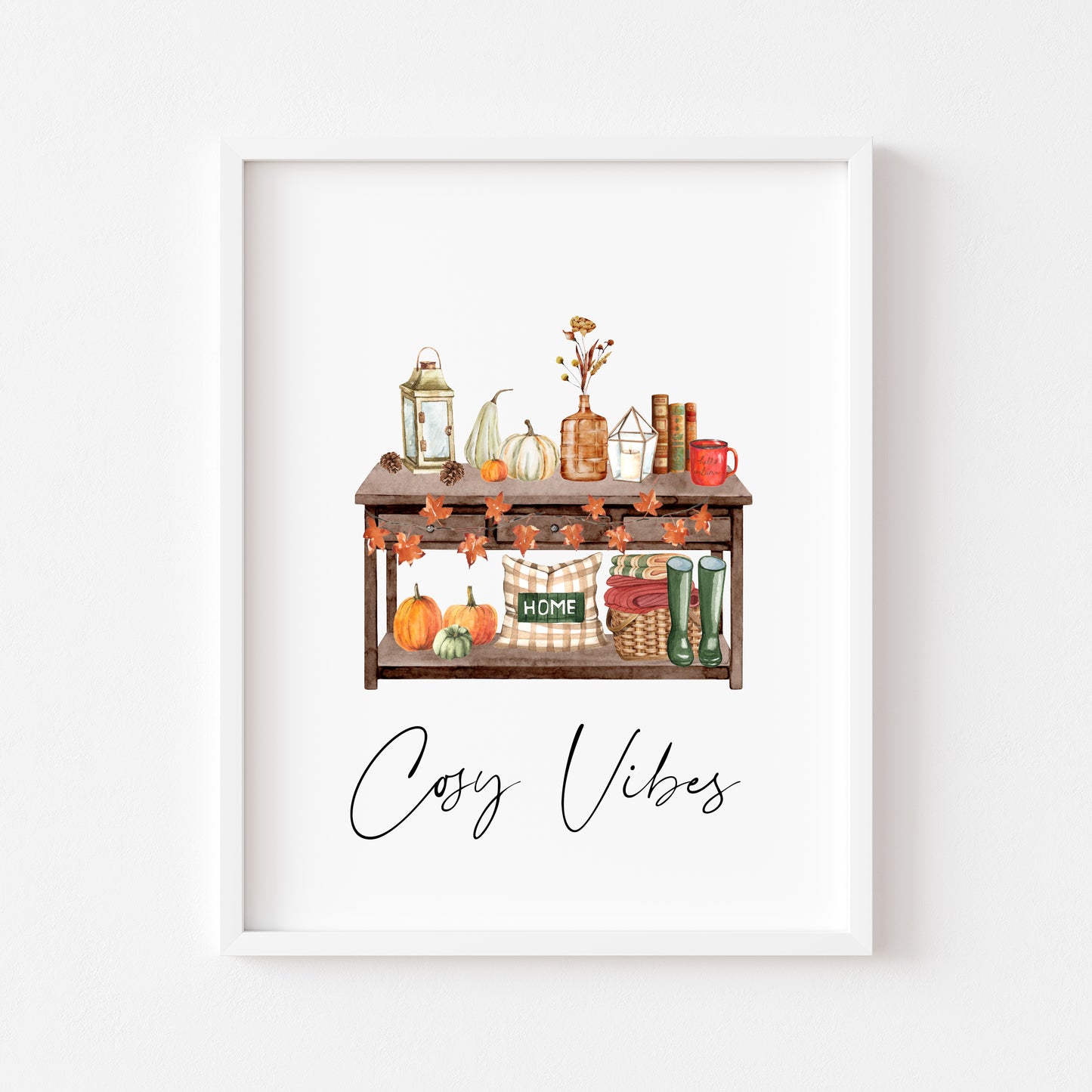 Cosy Vibes, home scene autumn watercolour seasonal fall hallway unframed wall art poster print