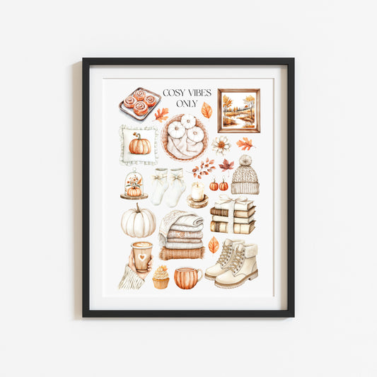 Autumn Favourites Cosy vibes only Watercolour Print Seasonal Wall Art (unframed)
