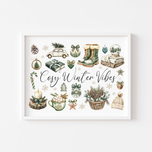 Christmas Print Cosy Winter Vibes festive green & beige watercolour Wall Art (unframed)